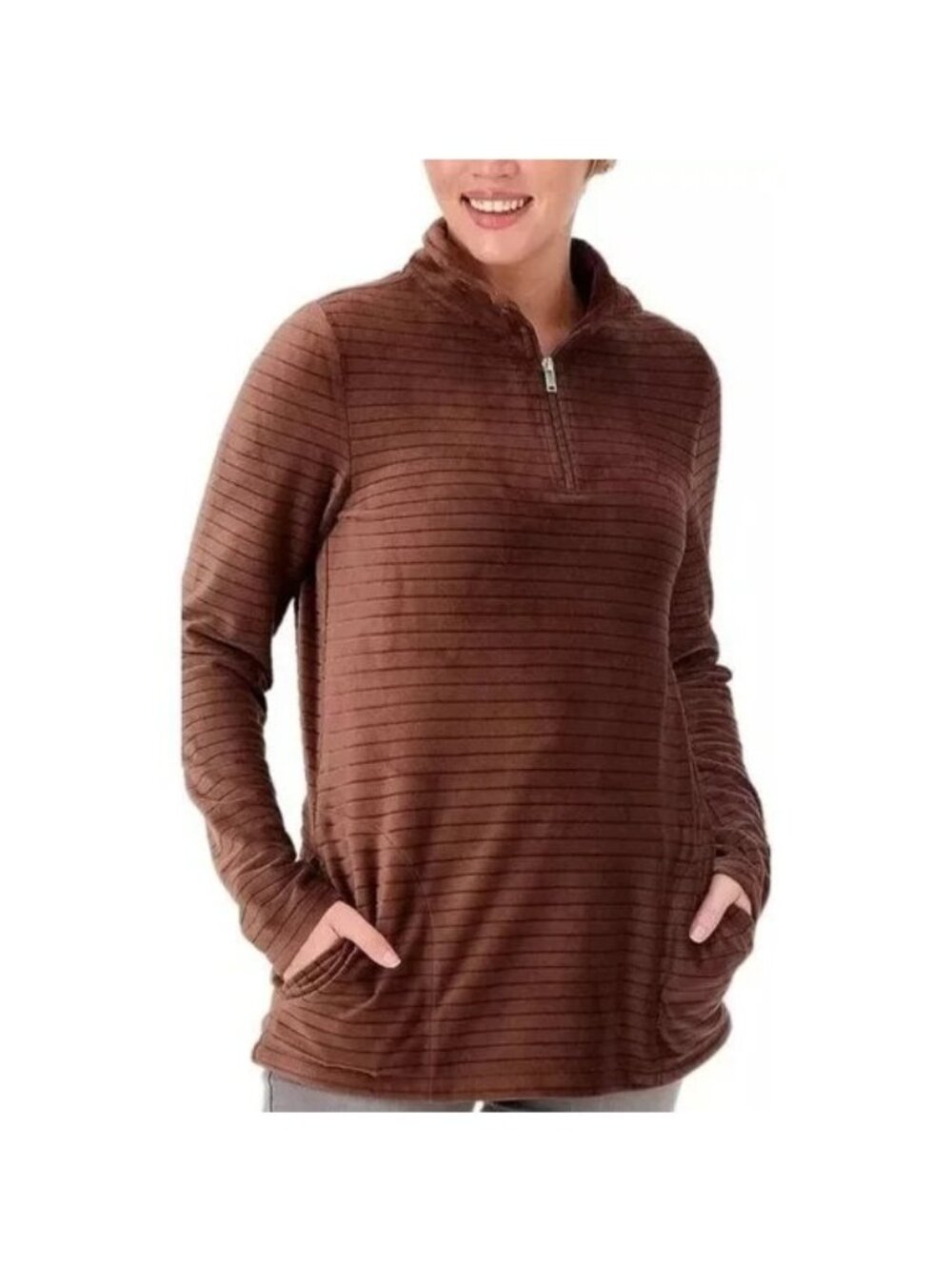 Denim and Co Pullover Top XS Comfort Zone Textured Velour Half-Zip Coffee NEW